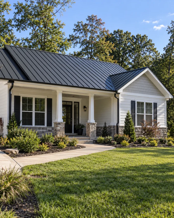 Single story home with a dark standing seam metal roof and white trim