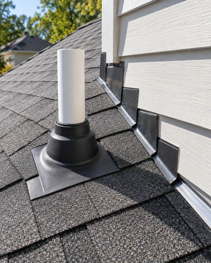 Close view of a new pipe boot and step flashing on an asphalt roof