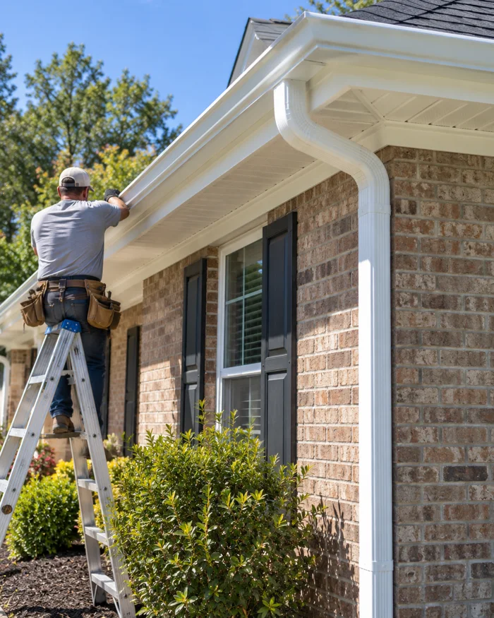 White gutters and downspouts hung along a new roof edge