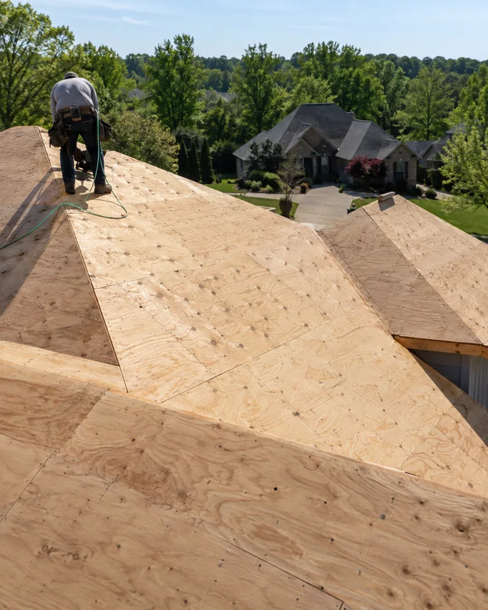 Roof deck with new plywood sheets before underlayment